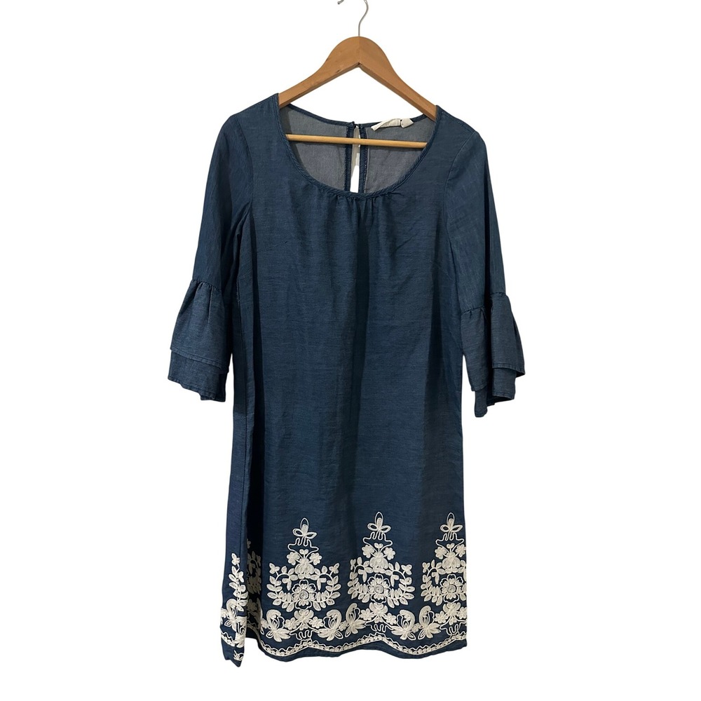 Westport Womens Blue Denim Embroidered Hem Bell Sleeve Shift Dress Size 2 Boho